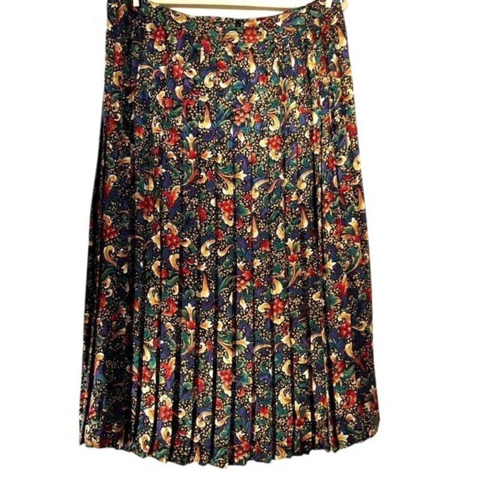 Annie Crimmins Women 14 Pleated Silk Skirt Black Floral Vintage
